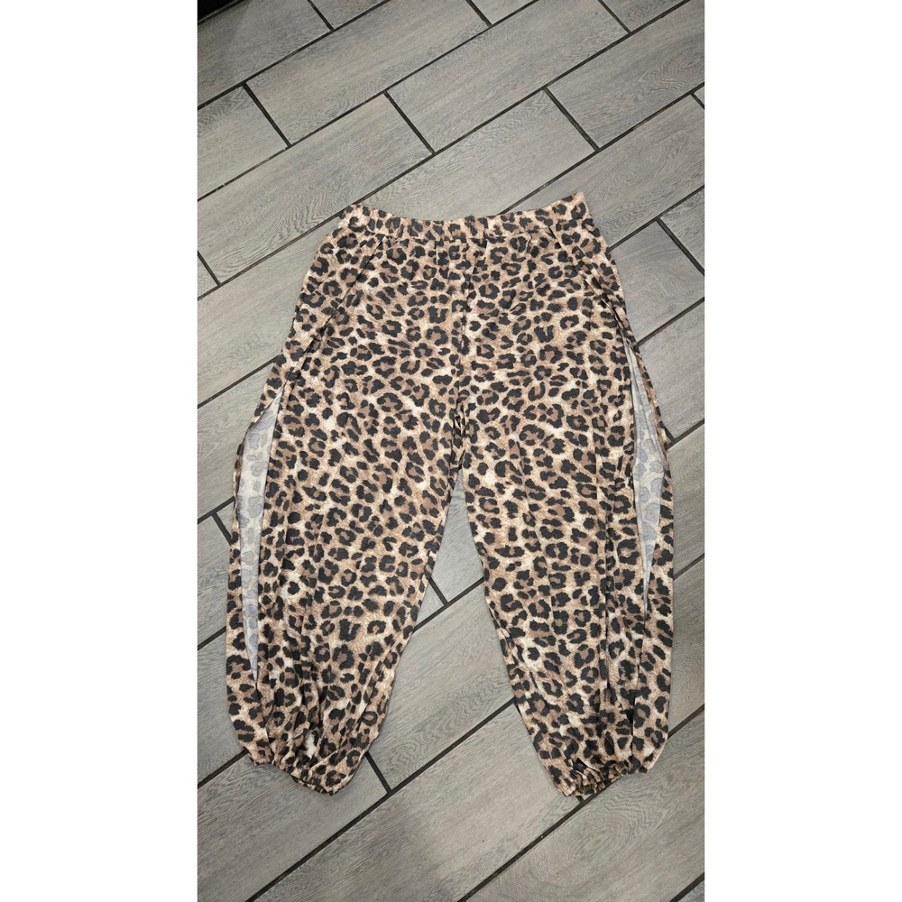 NWOT Womens Leopard Print Harem Pants Side Slit Flowy Boho Festival
